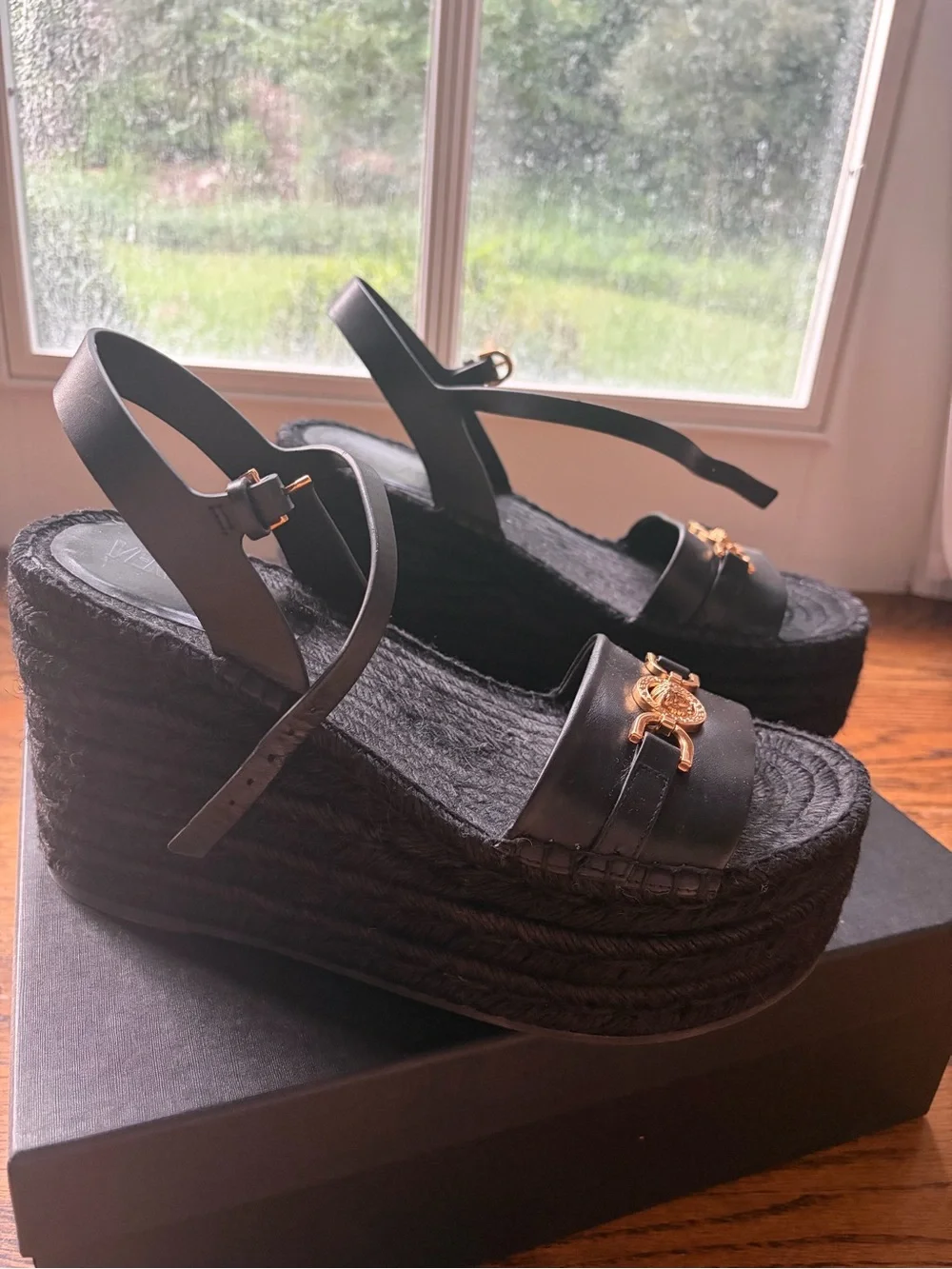 Versace Black Platform Espadrille Sandals with Gold Medusa Medallion Accent